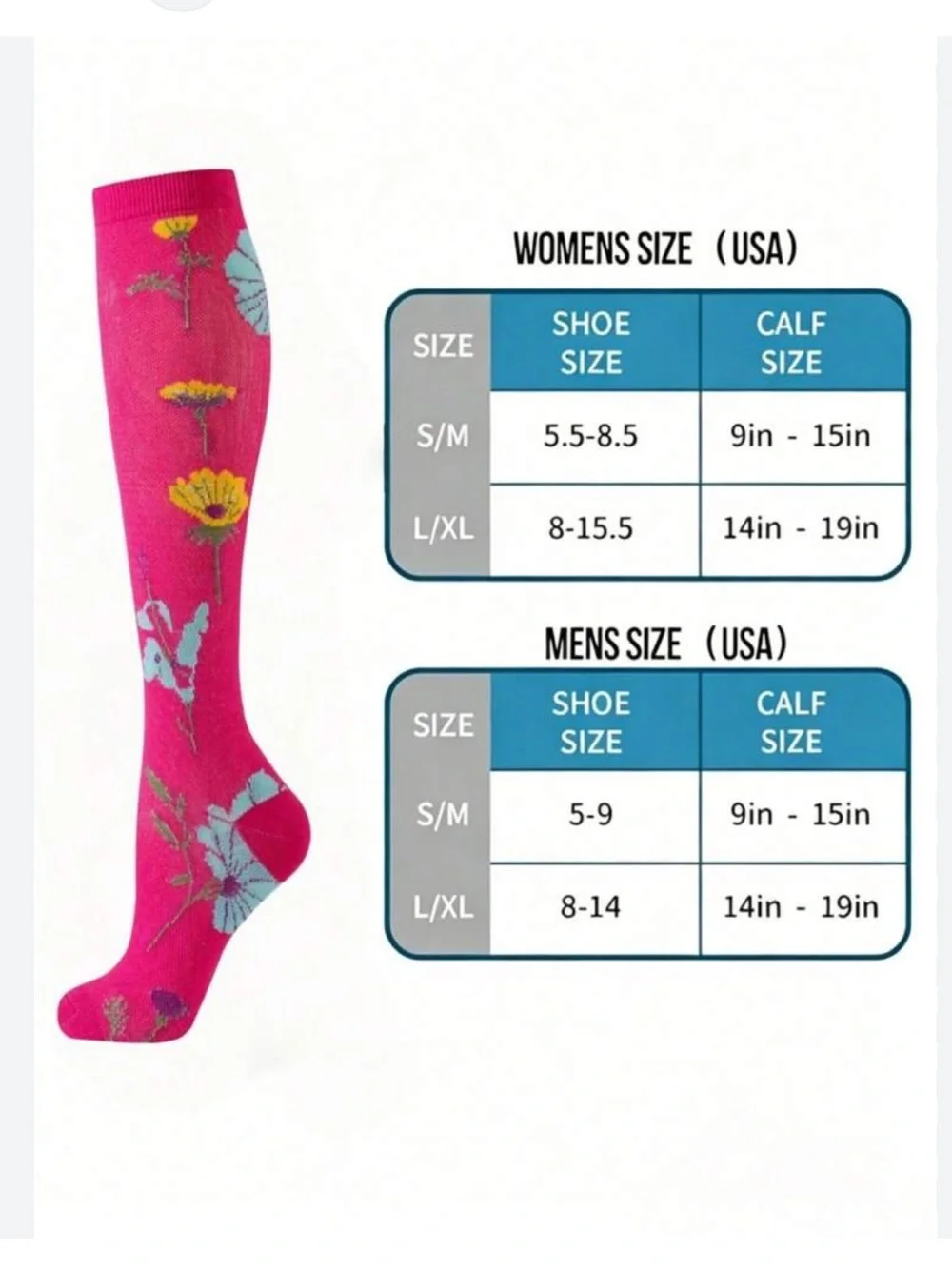 NWT Floral Compression Socks S/M Set of 3 Unisex Knee High Support Socks